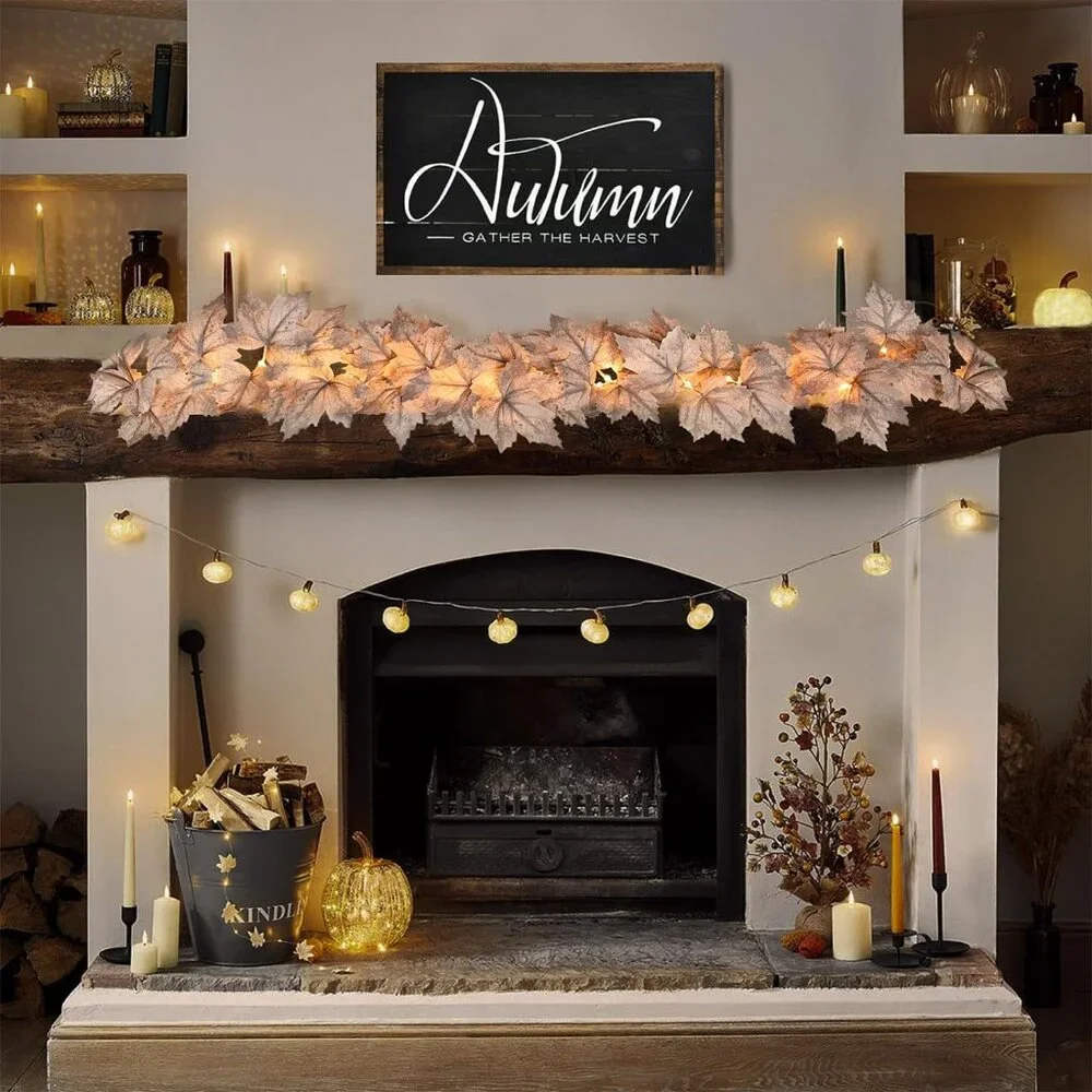 2 Pack Fall Garland w/ Lights - 8.2Ft Maple‎ Leaf Garland for Thanksgiving Decor